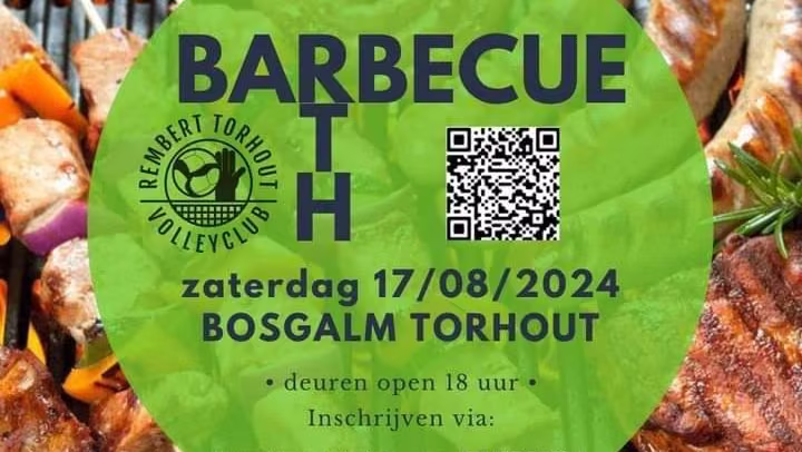 Affiche voor de RTH-barbecue op zaterdag 17 augustus 2024 in de Bosgalm in Torhout, deuren open om 18 uur, inschrijven via QR-code