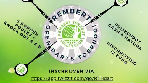 Affiche van de eerste Rembert Open Darts op vrijdag 3 mei 2024 in de cafetaria van de sporthal Torhout, inschrijving 12 euro.