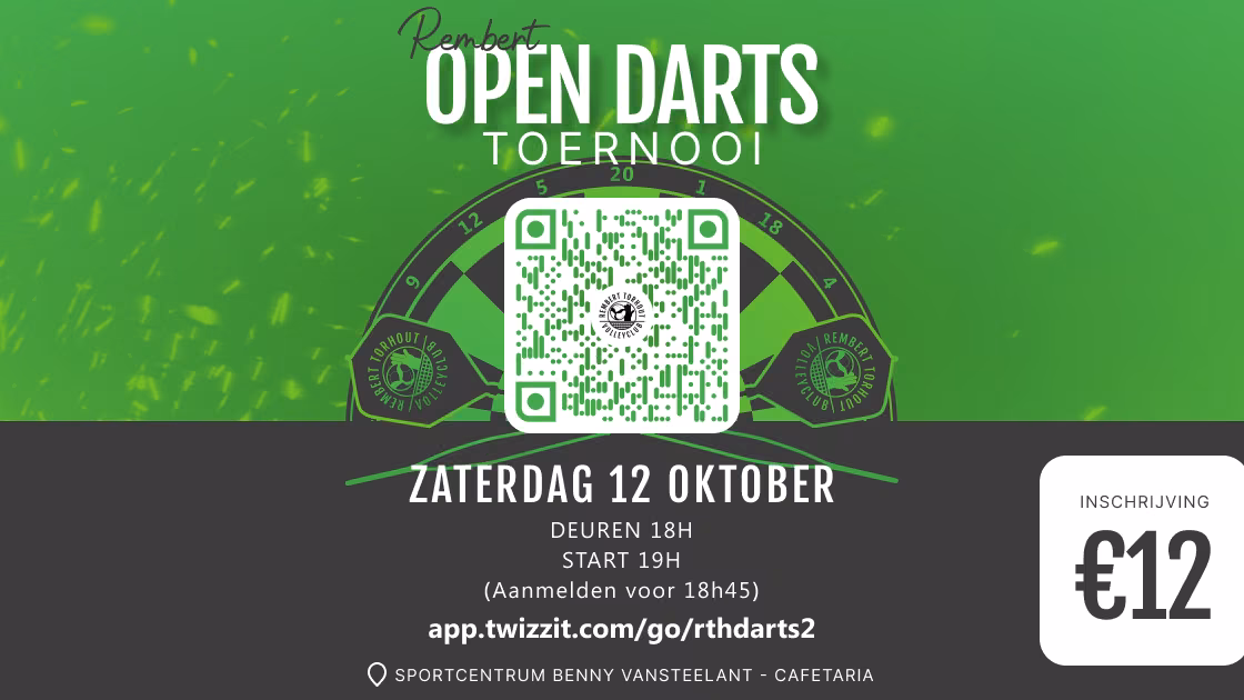 Affiche van het Rembert Open Darts Toernooi op zaterdag 12 oktober, inschrijving 12 euro, met QR-code om in te schrijven.