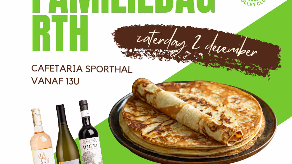Affiche van de RTH-familiedag op zaterdag 2 december vanaf 13 uur in de cafetaria van de sporthal, met pannenkoeken en wijn.