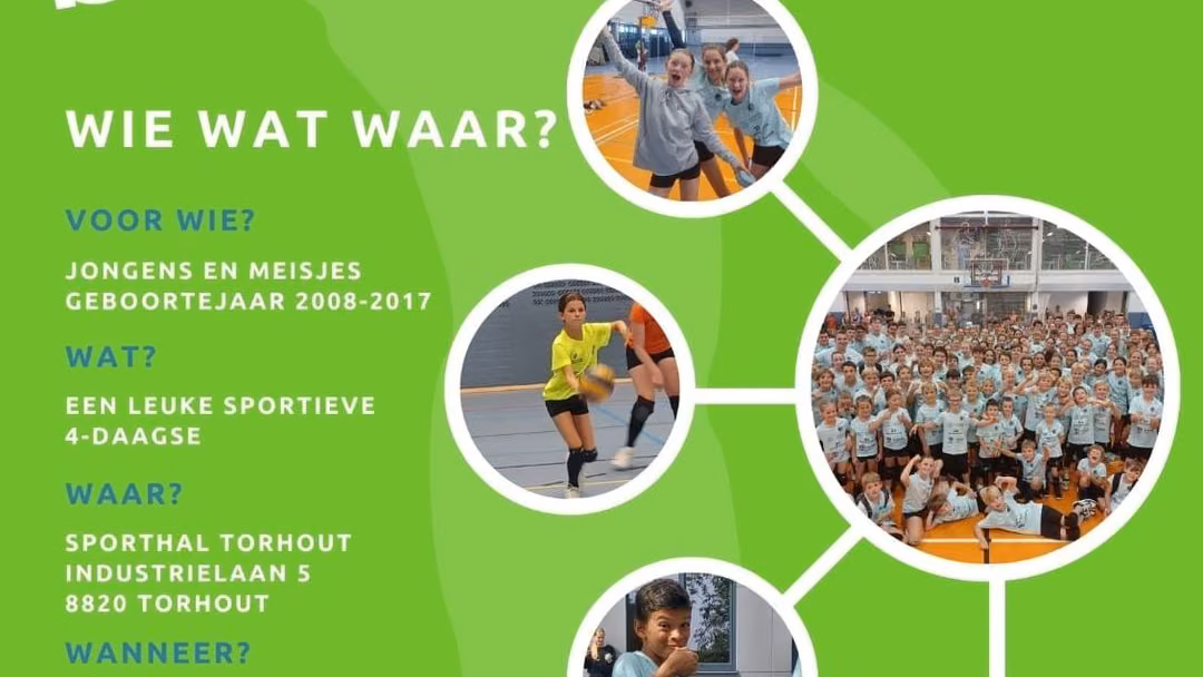 Affiche van de Rembert Stage 2024 van 19 tot en met 22 augustus in de sporthal van Torhout, met prijzen en inschrijflink