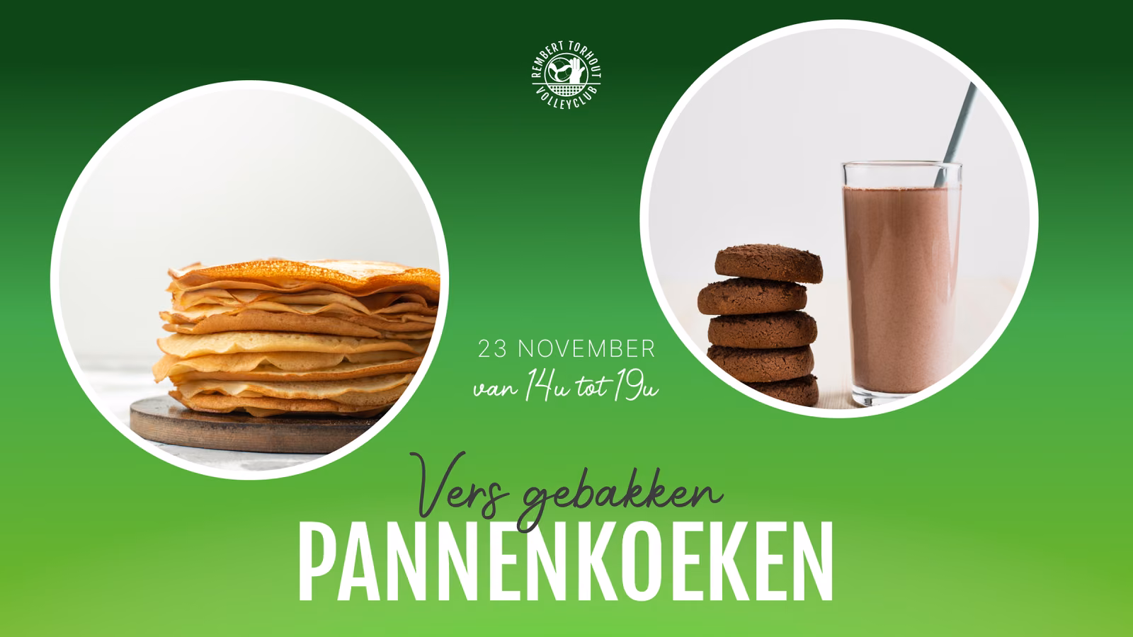 Affiche voor de pannenkoekendag op 23 november van 14 tot 19 uur, met een stapel pannenkoeken en chocomelk met koekjes.
